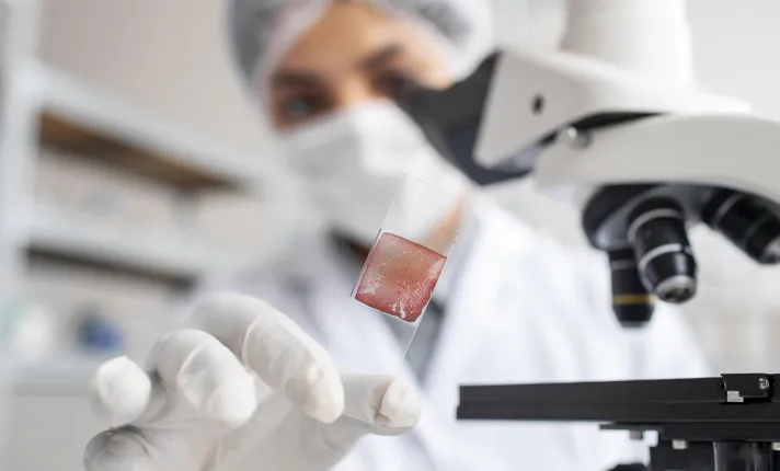 Científica observando a través de un microscopio