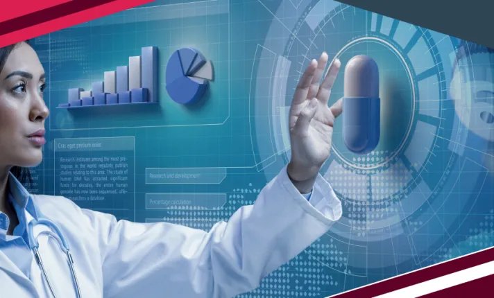 Foto de una profesional sanitaria y una pastilla 