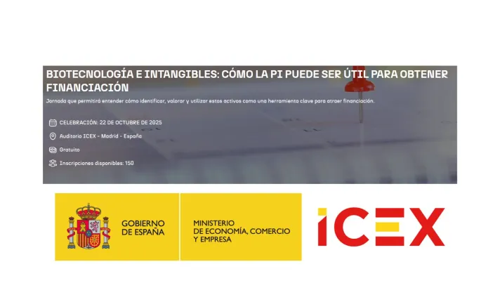 Banner de la jornada Biotecnología e intangibles: cómo la PI puede ser útil para obtener financiación