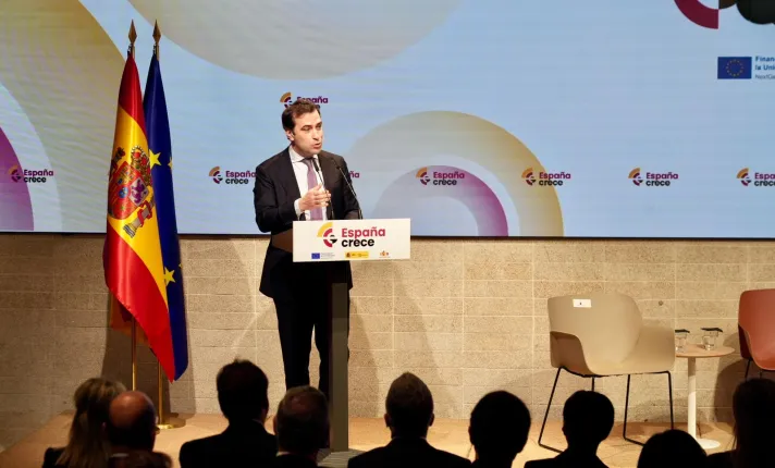 Carlos Cuerpo, ministro de Economía, durante la presentación del fondo España Crece