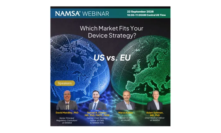 Banner del webinar NAMSA: EU vs. US: Which Market Fits Your Device Strategy?