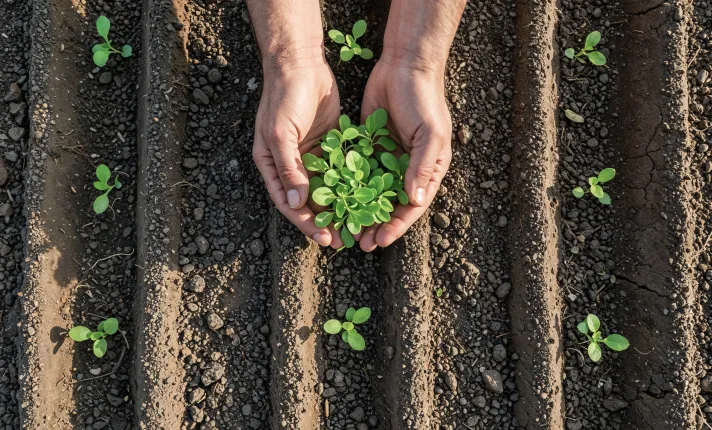 Agricultor sosteniendo una planta en un campo de cultivo
