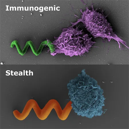 Microrobots eliminados por células inmunes (superior) y microrobots zwitteriónicos camuflados no detectados (inferior)