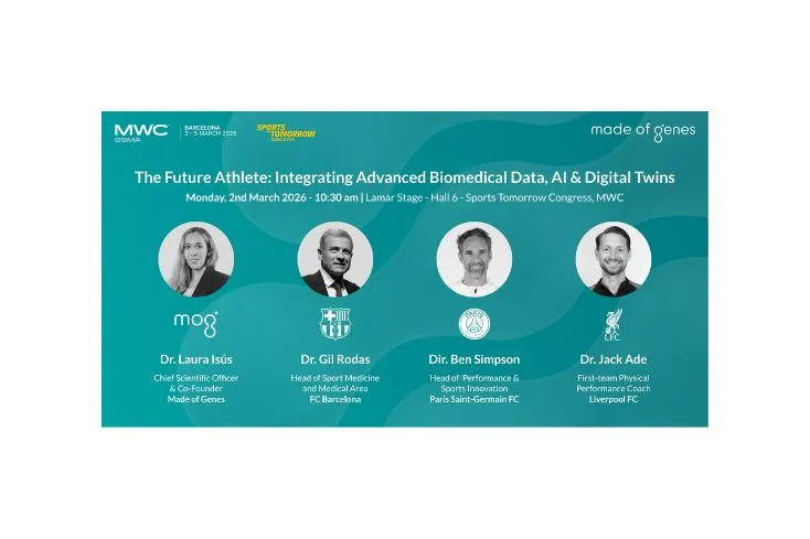 Cartel de la sesión de Genomcore en el Mobile World Congress 2026