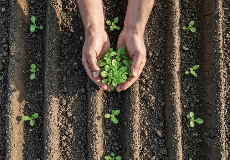 Agricultor sosteniendo una planta en un campo de cultivo