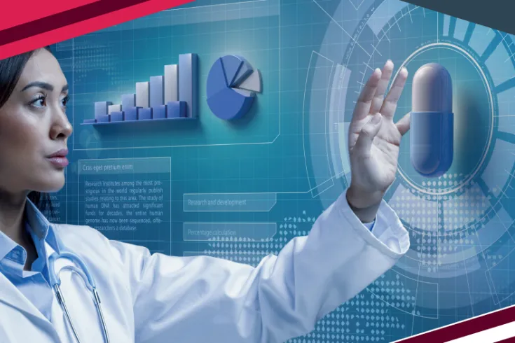 Foto de una profesional sanitaria y una pastilla 