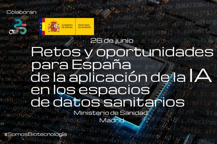 Banner de la jornada retos y oportunidades para España de la aplicación de la IA en los espacios de datos sanitarios