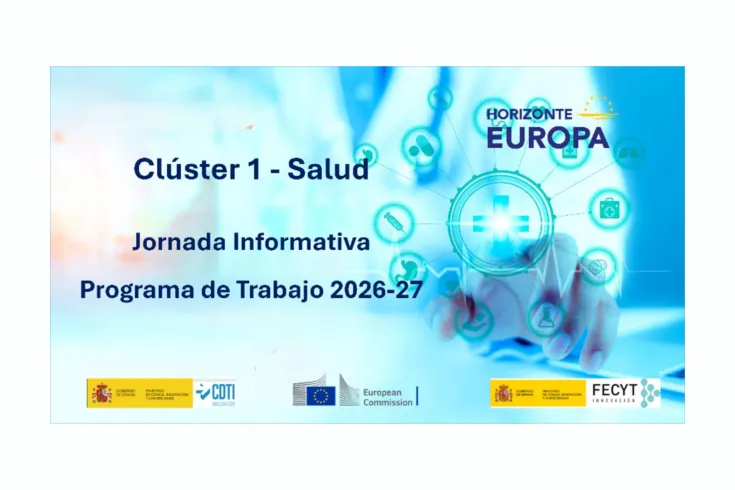 Banner de la Jornada informativa para presentar las convocatorias 2026-2027 del Clúster 1 Salud, la Misión de Cáncer y la Iniciativa de Salud Innovadora