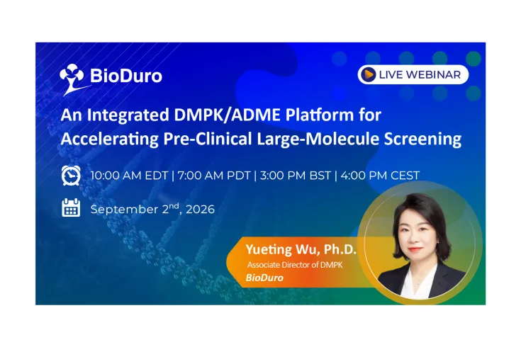Banner del webinar de Bio Duro "An Integrated pre-clinical large-molecule screening"