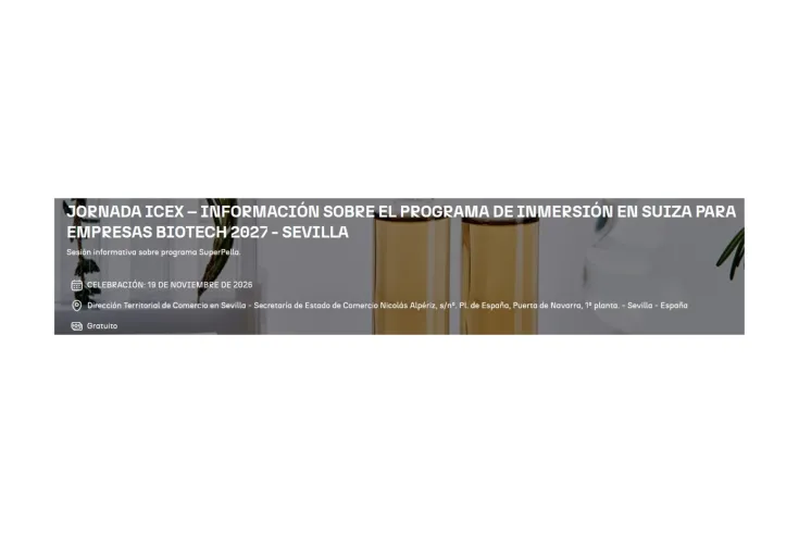 Banner de Jornada ICEX – Información sobre el programa de inmersión en Suiza para empresas Biotech