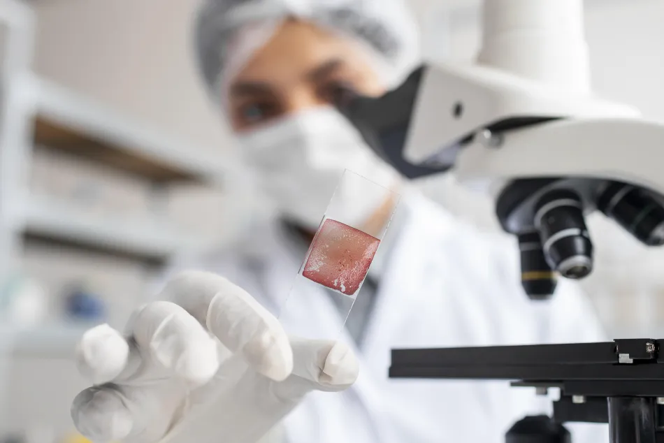Científica observando a través de un microscopio