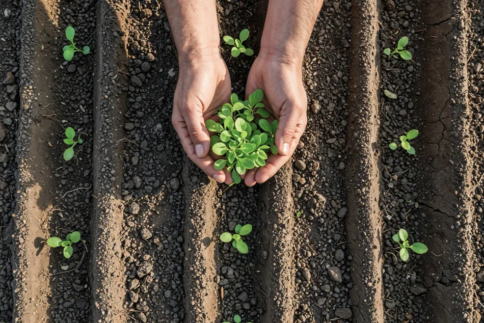 Agricultor sosteniendo una planta en un campo de cultivo